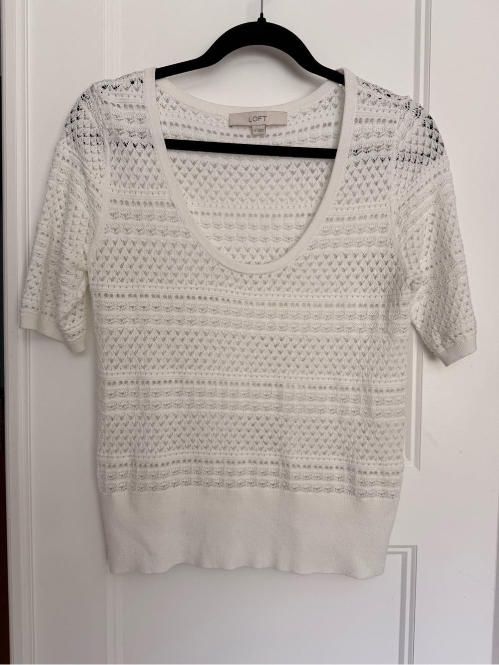 LOFT Cream Openwork Short Sleeve Scoop Neck Top